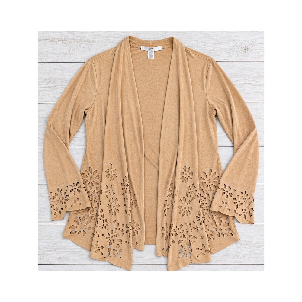 XXI Forever 21 Faux Suede Laser Cut Floral Open Front Cardigan Tan Boho L 4286